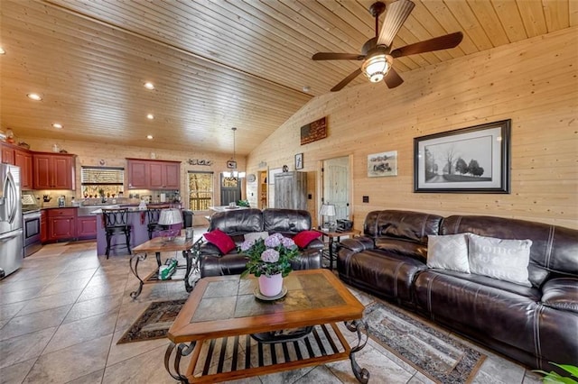 living room featuring recessed lighting, wooden walls, wooden ceiling, lofted ceiling, and ceiling fan