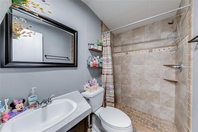 full bathroom with vanity, toilet, and a tile shower