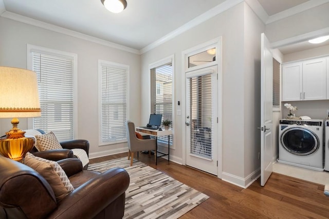 office space featuring crown molding and wood-type flooring