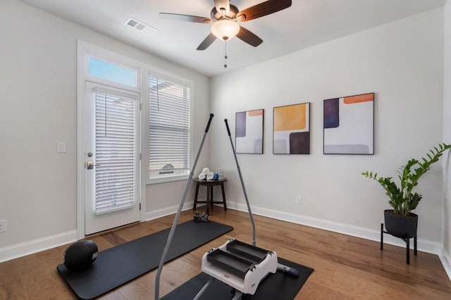 exercise room featuring ceiling fan and wood-type flooring