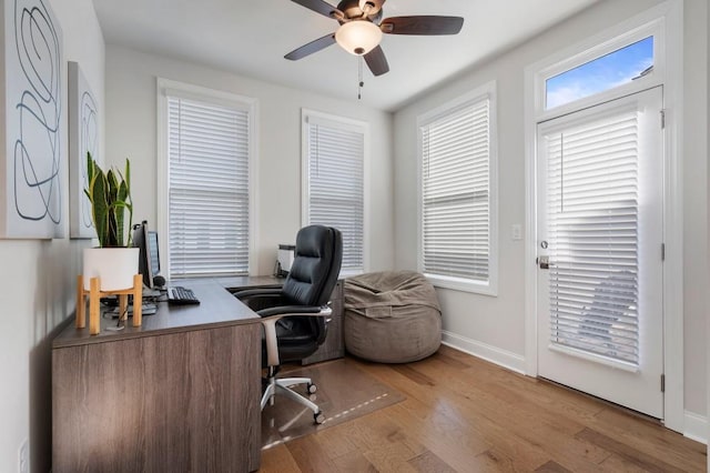 office space featuring ceiling fan and light hardwood / wood-style floors