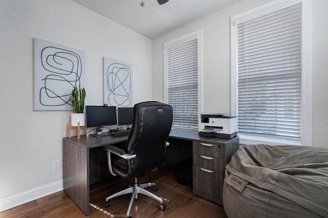 office featuring dark hardwood / wood-style flooring and ceiling fan