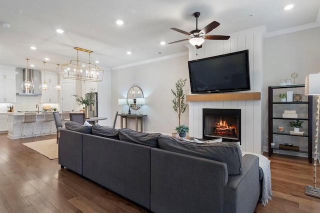 living room featuring crown molding, dark wood-type flooring, a large fireplace, and ceiling fan