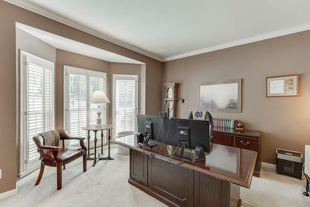 carpeted office space with crown molding