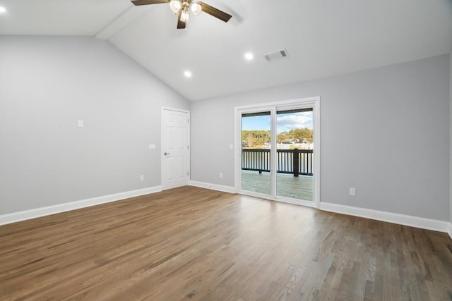 unfurnished room featuring hardwood / wood-style floors, ceiling fan, beamed ceiling, and high vaulted ceiling