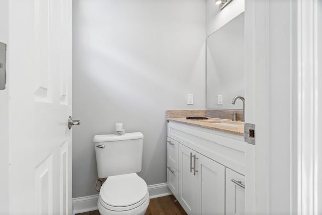 bathroom featuring toilet, vanity, and wood-type flooring