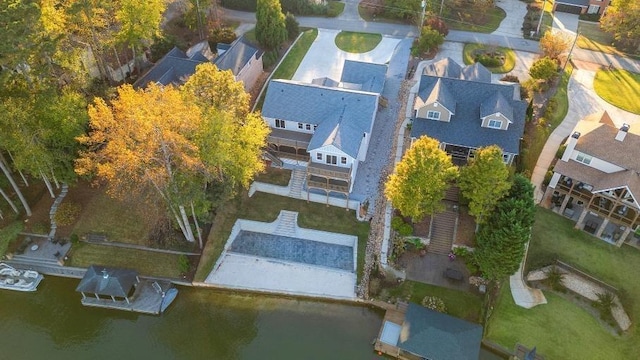 drone / aerial view with a water view