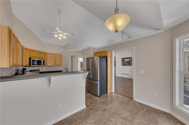 kitchen with baseboards, a ceiling fan, lofted ceiling, appliances with stainless steel finishes, and a peninsula