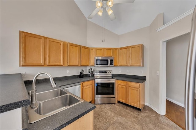 kitchen with a sink, a ceiling fan, baseboards, appliances with stainless steel finishes, and dark countertops