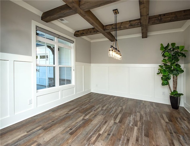 unfurnished dining area featuring dark wood-style floors, visible vents, a decorative wall, coffered ceiling, and beamed ceiling