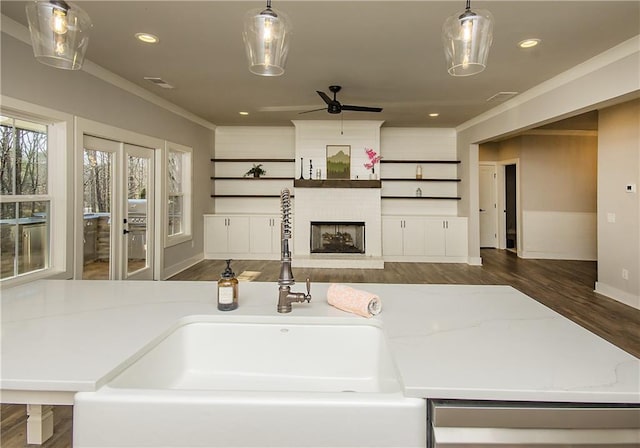 kitchen featuring ornamental molding, wood finished floors, decorative light fixtures, a fireplace, and a sink