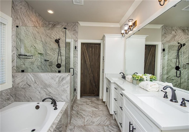 bathroom with double vanity, a sink, marble finish floor, a shower stall, and a bath