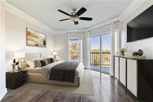 bedroom featuring ceiling fan, access to outside, wood finished floors, and ornamental molding