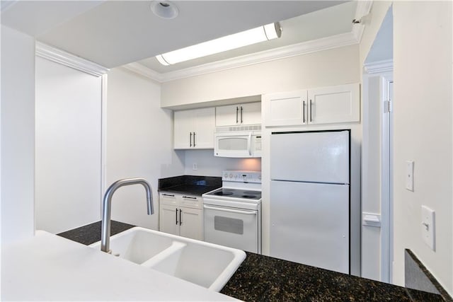 kitchen featuring a sink, white appliances, white cabinets, and crown molding