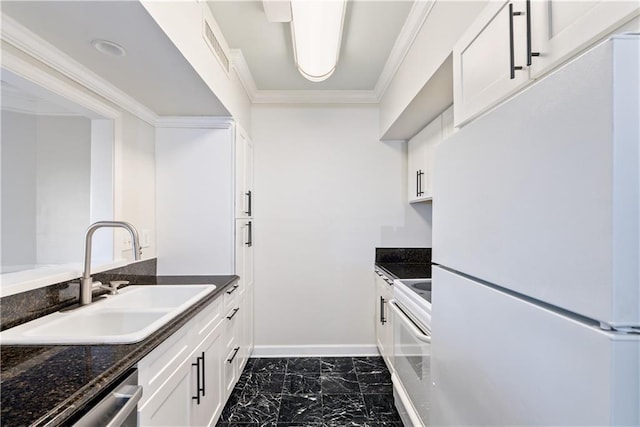 kitchen featuring ornamental molding, white cabinets, white appliances, marble finish floor, and a sink