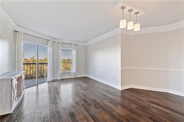 spare room featuring crown molding, baseboards, and dark wood-style flooring