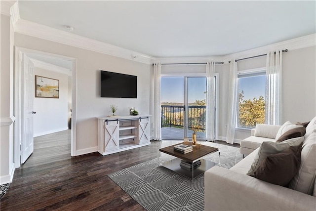 living room featuring baseboards, dark wood finished floors, and crown molding