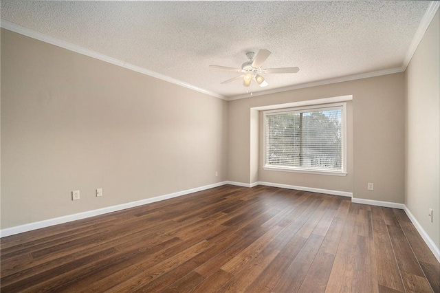 unfurnished room featuring a textured ceiling, ornamental molding, dark hardwood / wood-style floors, and ceiling fan