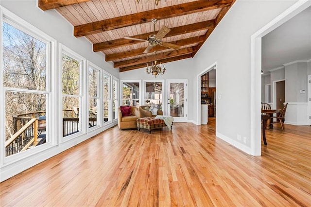 unfurnished sunroom featuring wooden ceiling, vaulted ceiling with beams, and ceiling fan with notable chandelier