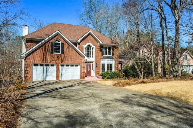 view of front of home with brick siding, aphalt driveway, roof with shingles, a chimney, and a garage