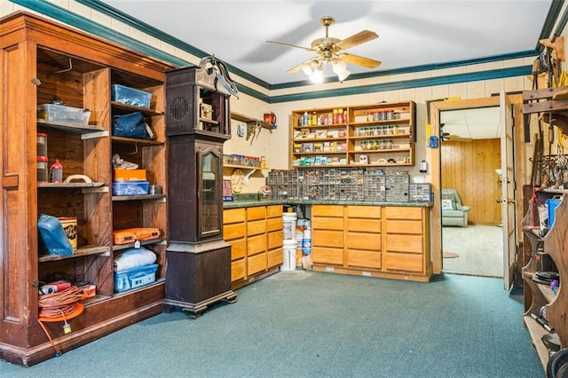 miscellaneous room with carpet floors, a ceiling fan, and crown molding