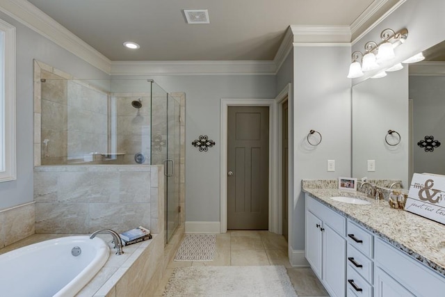 bathroom with tile floors, separate shower and tub, ornamental molding, and vanity