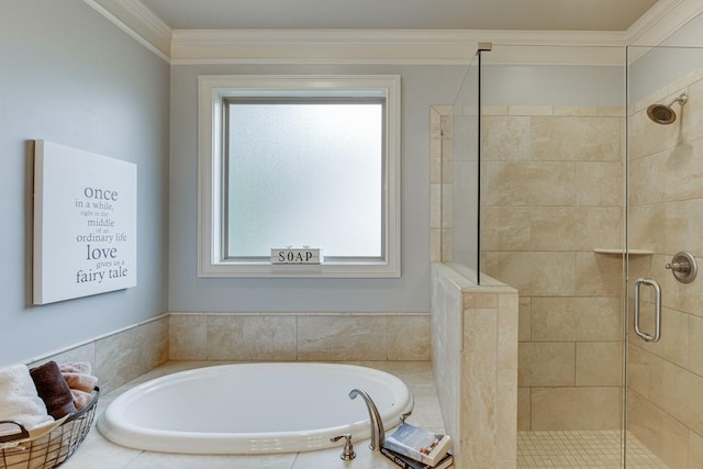 bathroom featuring separate shower and tub and crown molding