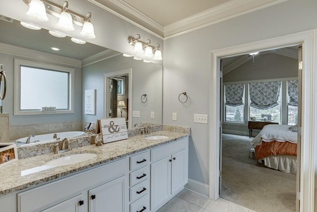 bathroom with large vanity, a washtub, double sink, ornamental molding, and tile flooring