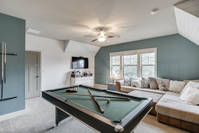 playroom with billiards, vaulted ceiling, ceiling fan, and light colored carpet