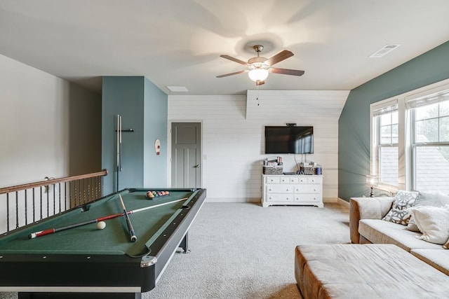 game room with light carpet, pool table, ceiling fan, and vaulted ceiling