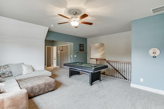 game room featuring light carpet, billiards, and ceiling fan