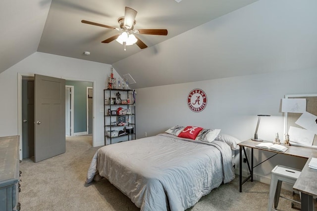 bedroom with light carpet, ceiling fan, and lofted ceiling