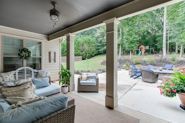 view of patio / terrace with a playground and outdoor lounge area