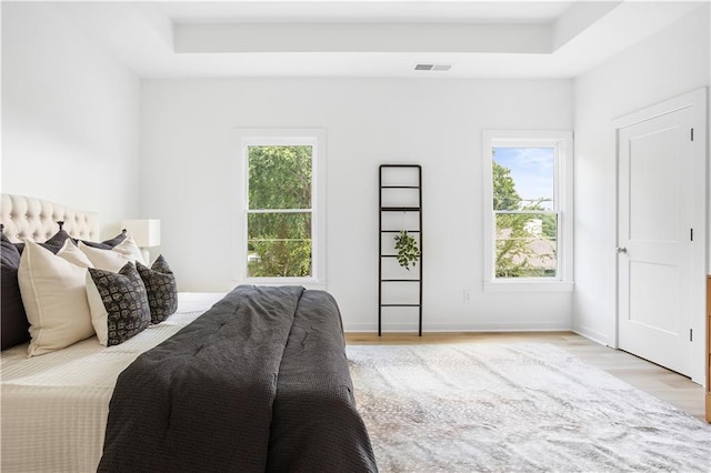 bedroom with a raised ceiling and light hardwood / wood-style flooring