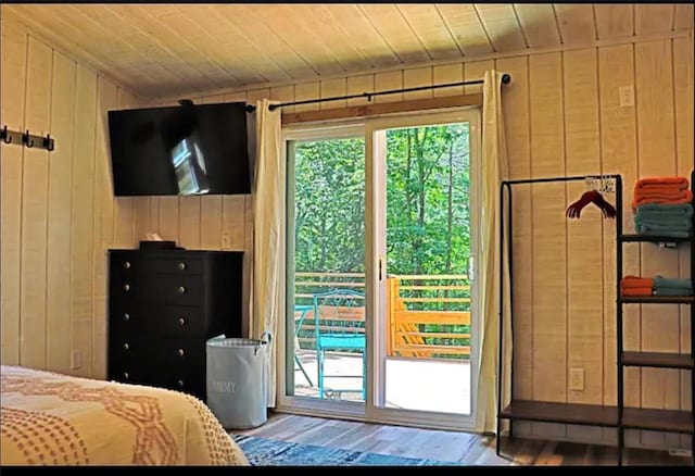 225 Overlook Cir, Clarkesville, GA 30523 - bedroom with wood walls, wood ceiling, access to outside, and wood finished floors