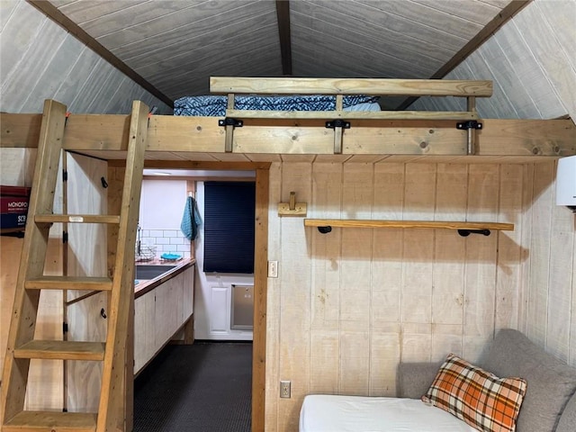 225 Overlook Cir, Clarkesville, GA 30523 - bedroom with lofted ceiling and wood walls