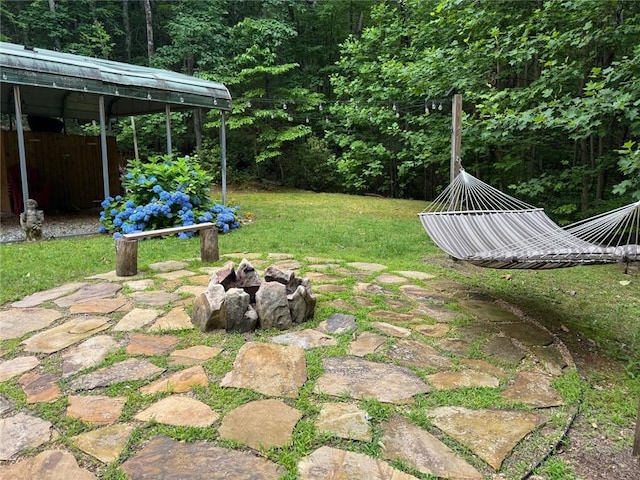 225 Overlook Cir, Clarkesville, GA 30523 - view of grassy yard with a fire pit and a forest view