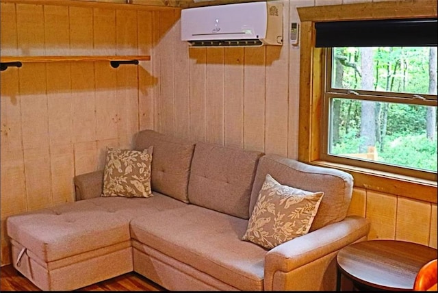 225 Overlook Cir, Clarkesville, GA 30523 - living area with an AC wall unit and wooden walls