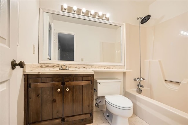 full bath with vanity, tile patterned floors, toilet, and shower / bathtub combination