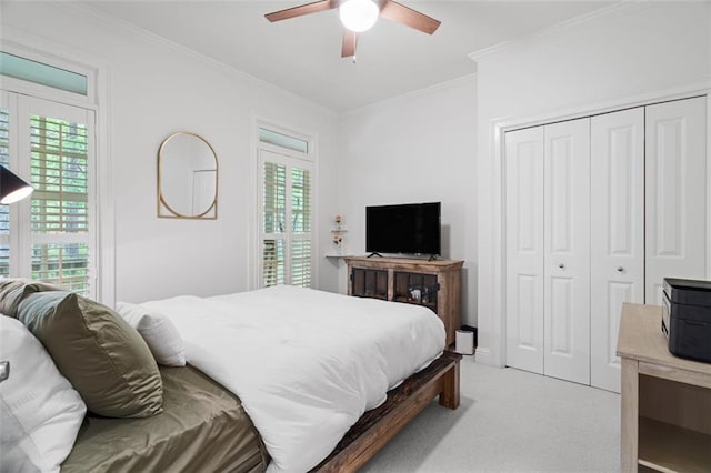 74 Cherokee Way, Big Canoe, GA 30143 - bedroom with ornamental molding, a ceiling fan, a closet, and light colored carpet