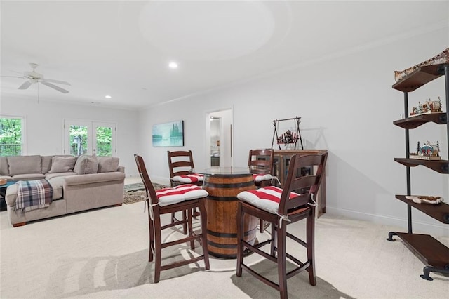 74 Cherokee Way, Big Canoe, GA 30143 - dining room with carpet flooring, recessed lighting, ceiling fan, and crown molding