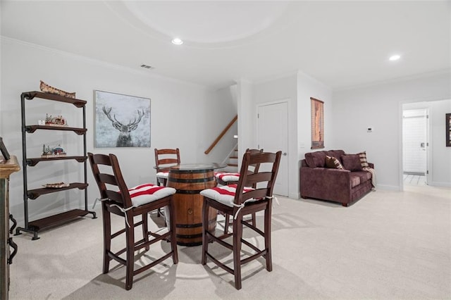 74 Cherokee Way, Big Canoe, GA 30143 - dining space featuring visible vents, stairway, ornamental molding, light carpet, and recessed lighting