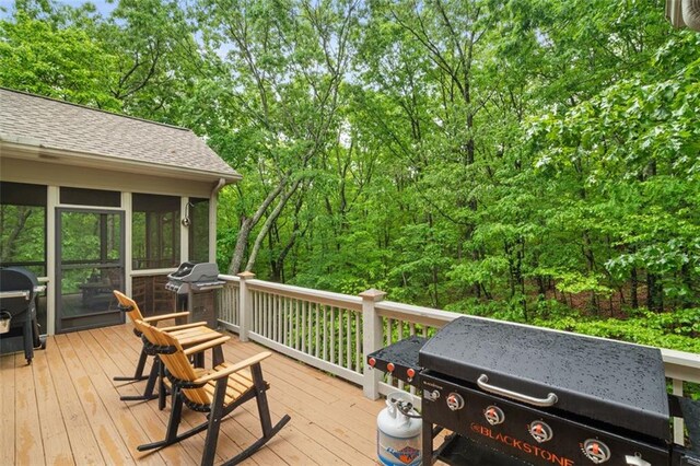 74 Cherokee Way, Big Canoe, GA 30143 - wooden deck featuring grilling area and a sunroom