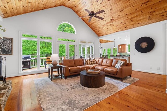 74 Cherokee Way, Big Canoe, GA 30143 - living area with hardwood / wood-style floors, baseboards, high vaulted ceiling, french doors, and a ceiling fan