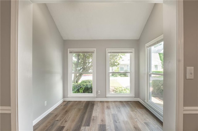 empty room featuring vaulted ceiling, plenty of natural light, light wood-style flooring, and baseboards