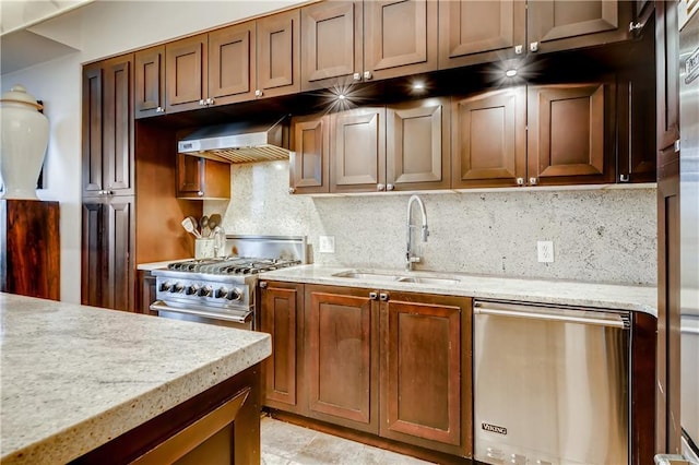 1820 Peachtree St NW Unit 811, Atlanta, GA 30309 - kitchen with ventilation hood, appliances with stainless steel finishes, a sink, tasteful backsplash, and light stone countertops