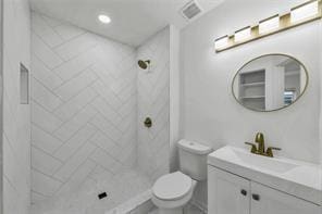 bathroom with recessed lighting, visible vents, toilet, vanity, and tiled shower