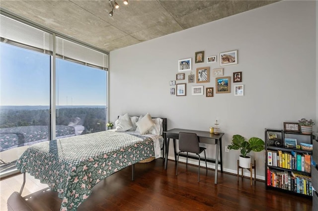 bedroom with floor to ceiling windows and wood-type flooring