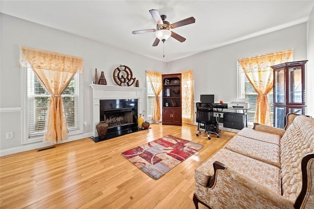 living room with ceiling fan and hardwood / wood-style floors