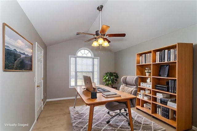 122 Melrose Creek Dr, Stockbridge, GA 30281 - office space featuring a ceiling fan, lofted ceiling, and baseboards